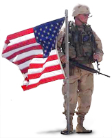American Soldier holding US Flag.